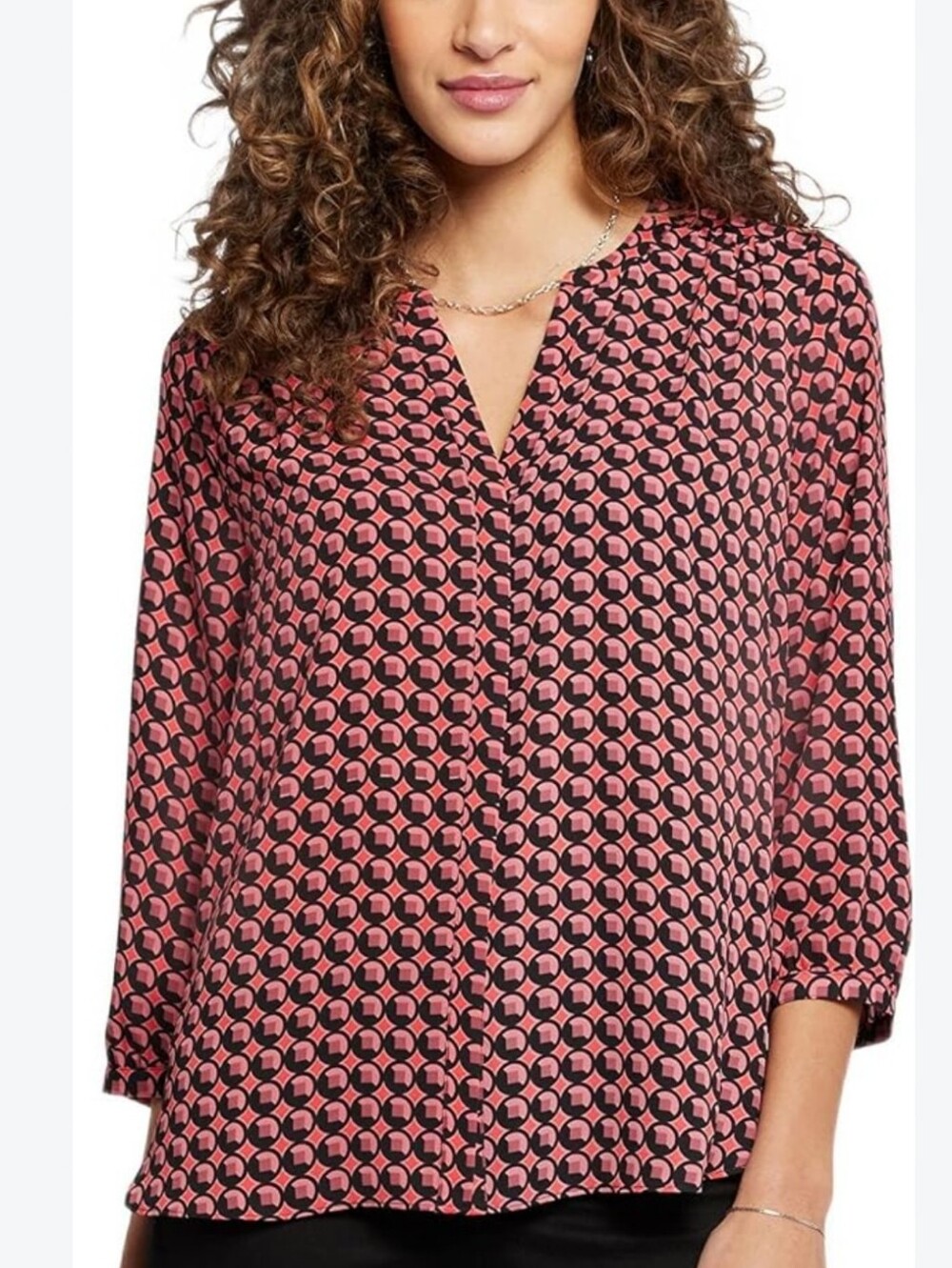 NYDJ Pink and Black Geometric V-Neck Blouse**